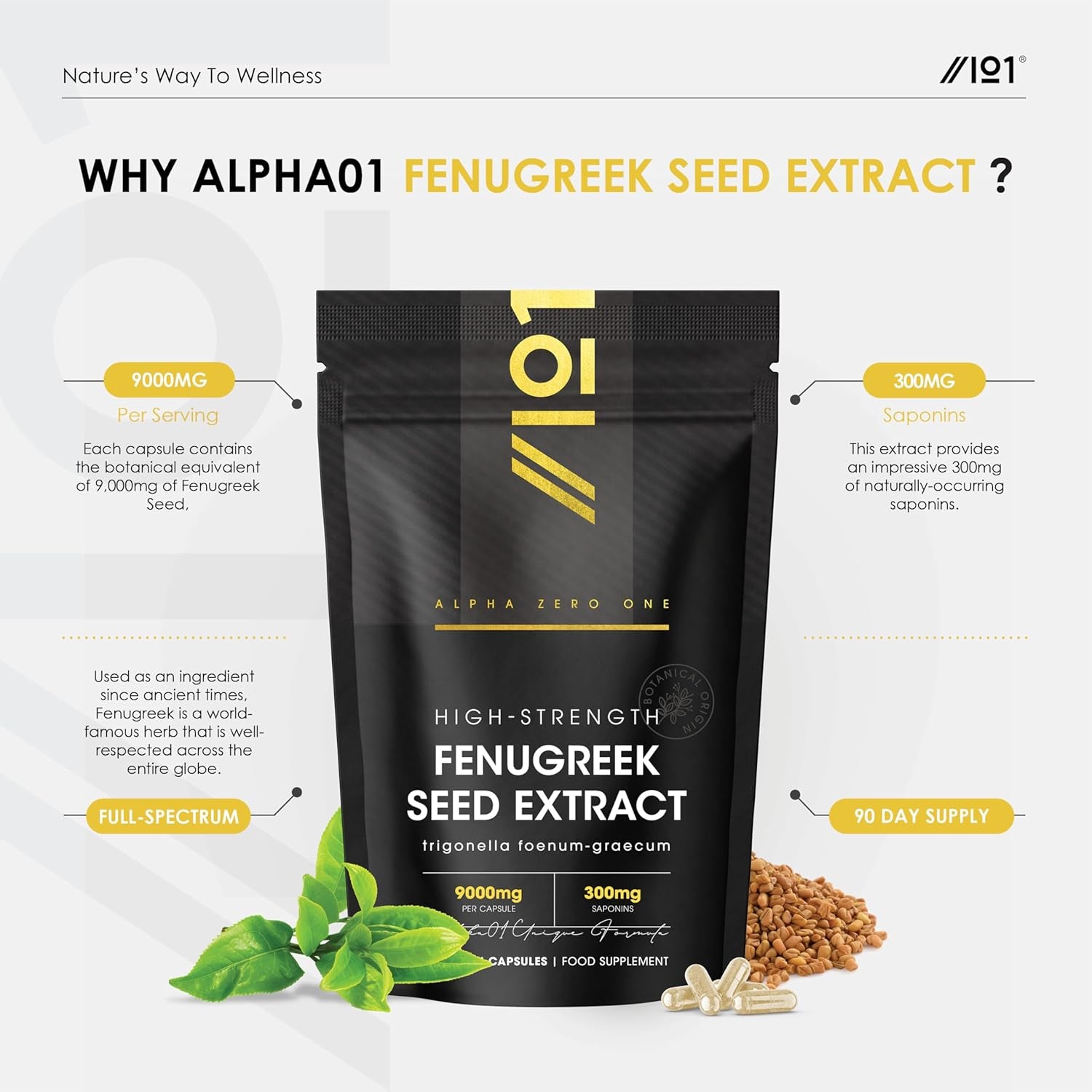 Fenugreek Seed Extract 9000Mg - High Strength 50% Saponins (300Mg) - 90 Vegan Capsules (3 Months Supply) - Resealable and Recyclable Pouch - by Alpha01