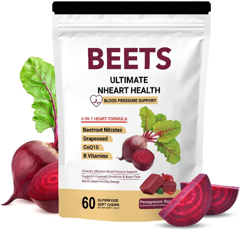 Govixed Beets Ultimate Heart Health Chews for Blood Pressure Support, with Beetroot Powder, Coq10, B Vitamins & Grapeseed, Pomegranate Berry, 60 Soft Chews