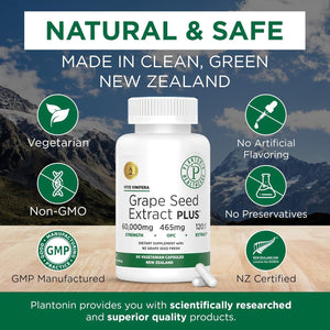 Plantonin Grape Seed Extract Capsules, 465 Mg – Polyphenols Supplement for Optimal Blood Flow & Kidney Support | 60 Capsules with 93% Opcs – 60,000Mg Strength, GMO & Gluten-Free