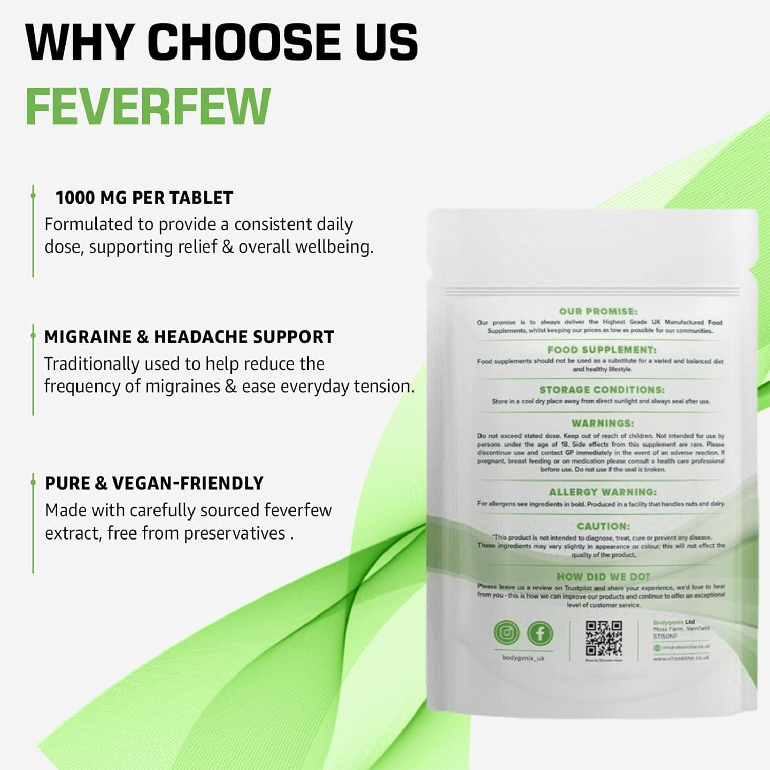 Bodygenix Feverfew 1000Mg Tablets - Headaches Relief Joints Health anti Inflammatory Natural Supplement - 60 Tablets 2 Month Supply