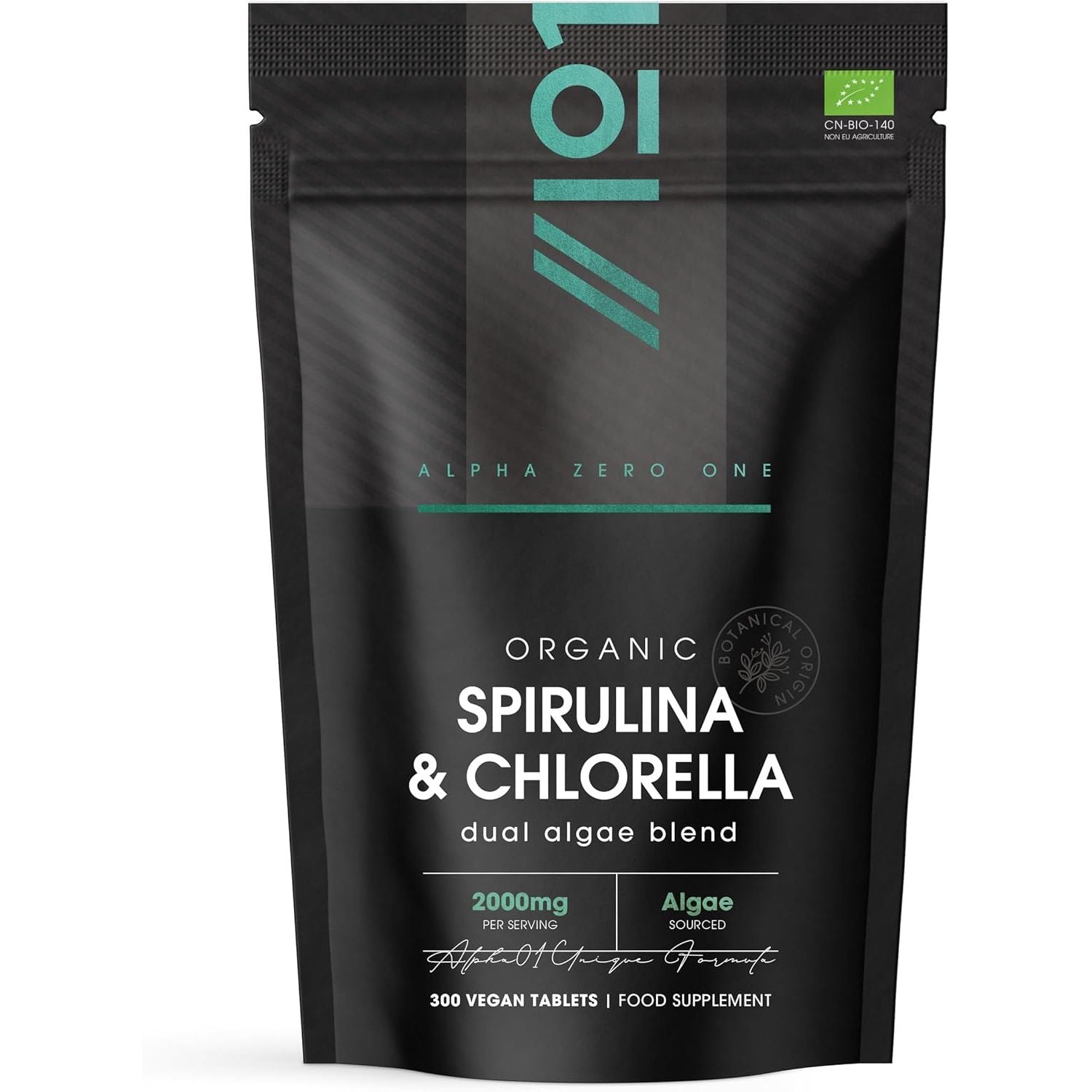 Organic Spirulina & Chlorella 2000Mg - 300 Tablets - Broken Cell Wall - Cold Pressed Pure Supplement with No Additives (75 Day Supply) by Alpha01