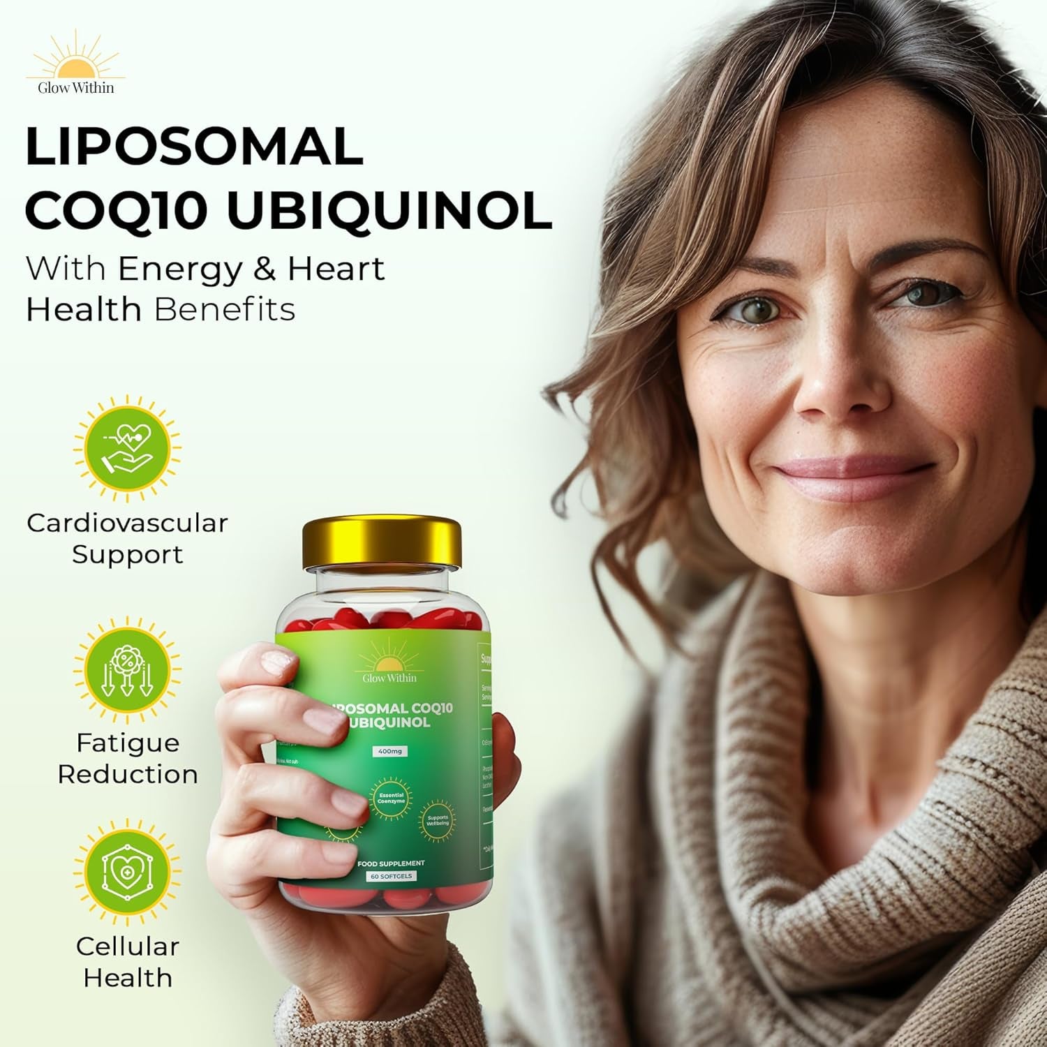 Glow within Liposomal Coq10 Ubiquinol 400Mg per Serving | Coenzyme Q10 Supplement with Resveratrol | Supports Heart and Brain Health, Fertility, Energy Boosting, Fatigue Reducing | Enhanced Absorption