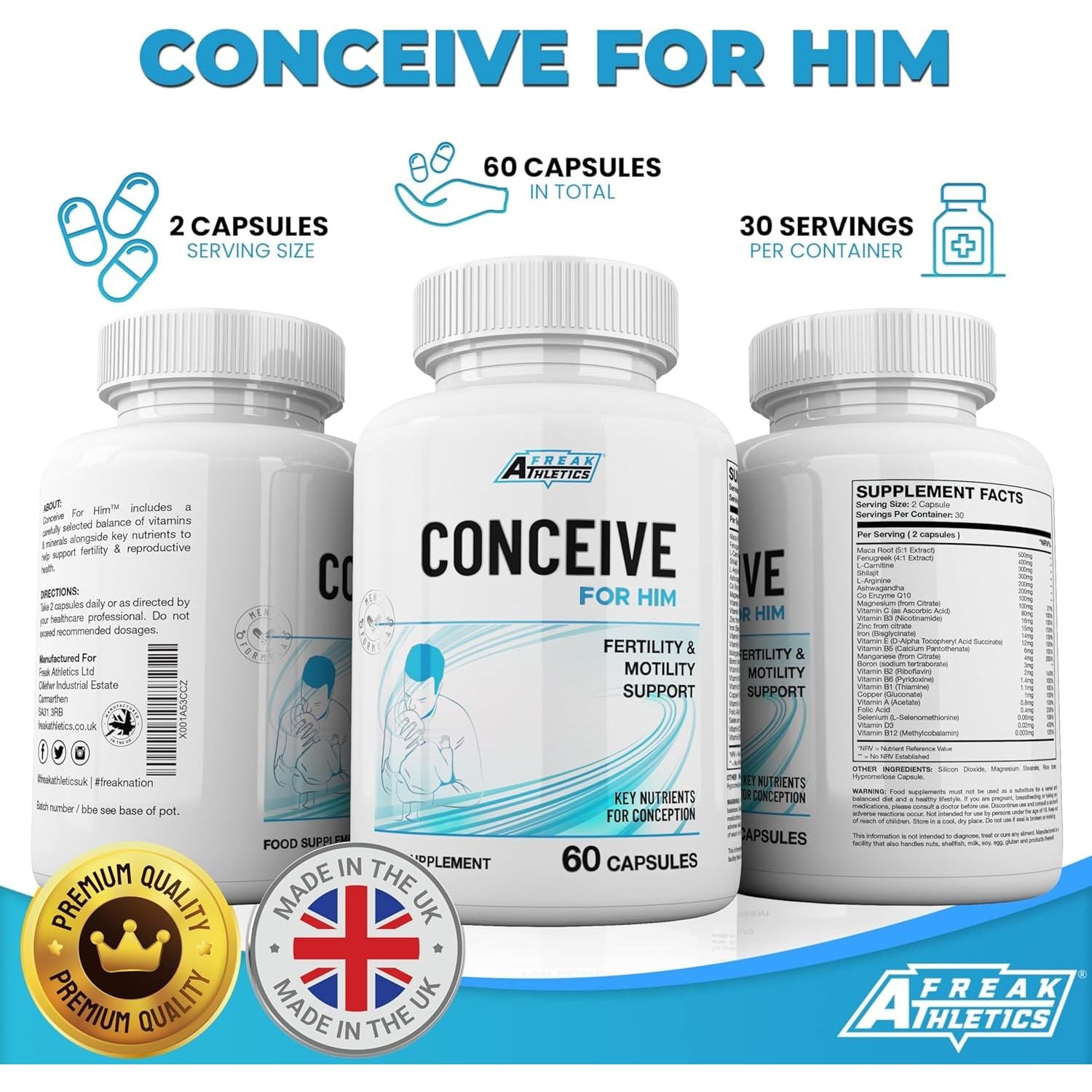 Freak Athletics Conceive for Him Fertility Supplements for Men - Male Fertility Supplements - Vitamins & Minerals plus Key Nutrients for Male Fertility & Motility 60 Capsules