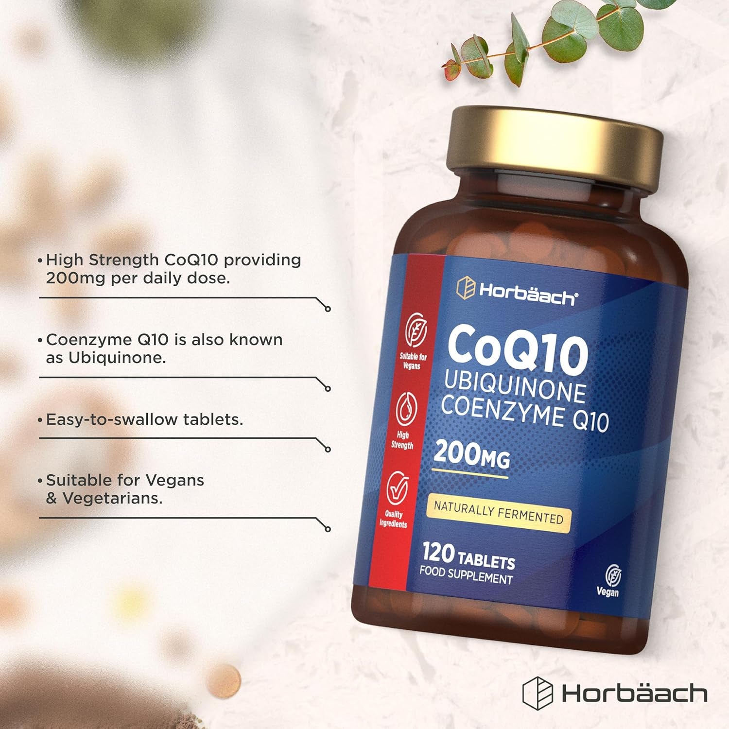 Coq10 Supplement 200Mg | 120 Vegan Tablets | High Strength Naturally Fermented Ubiquinone Coenzyme Q10 | by Horbaach