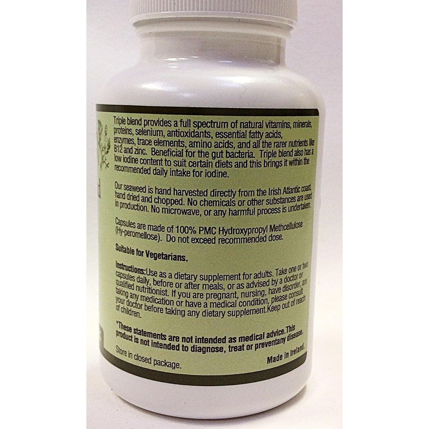 Triple Blend Seaweed Tablets 500 Mg 90 Capsules Certified Organic Harvested in North Atlantic Coast of Ireland