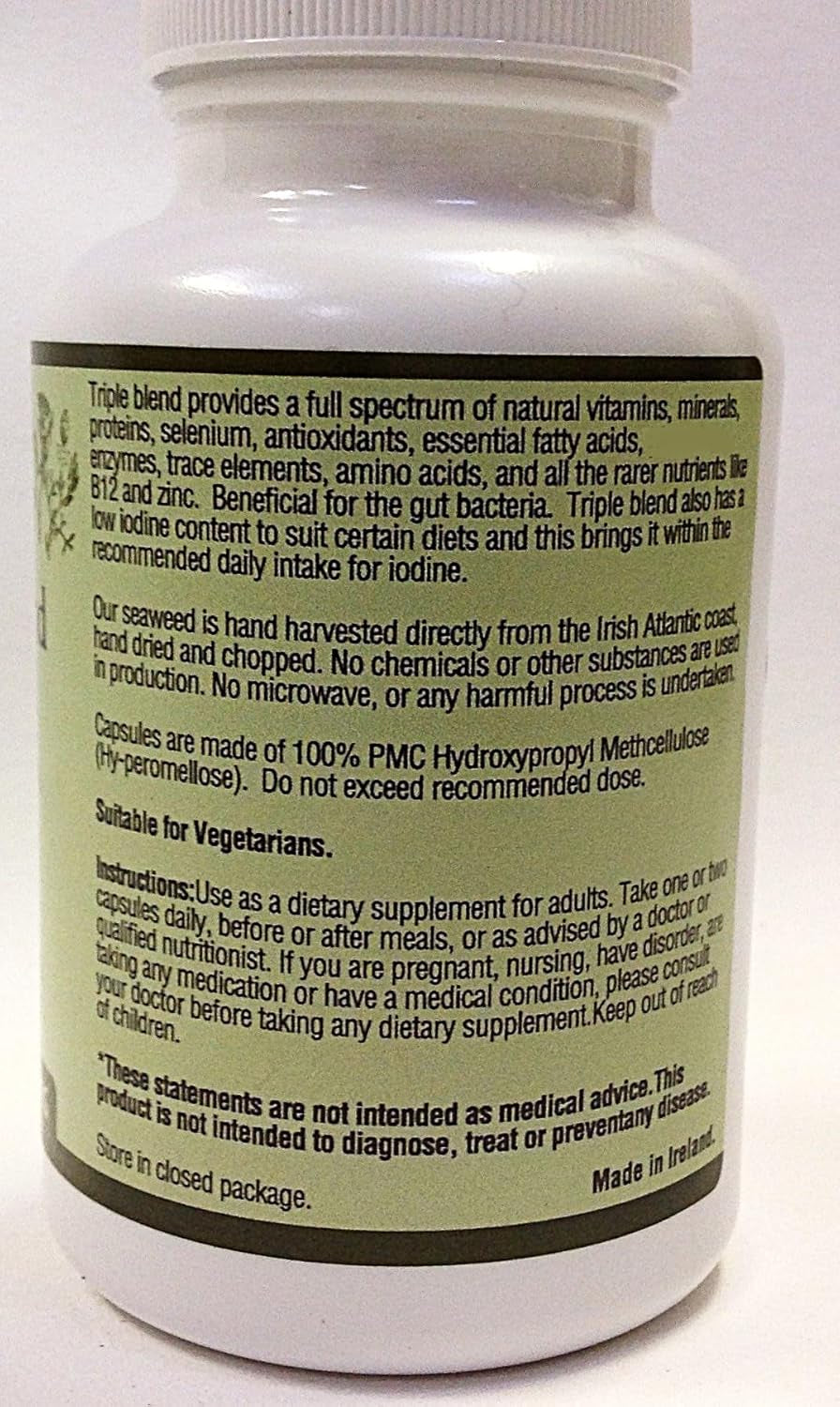 Triple Blend Seaweed Tablets 500 Mg 90 Capsules Certified Organic Harvested in North Atlantic Coast of Ireland