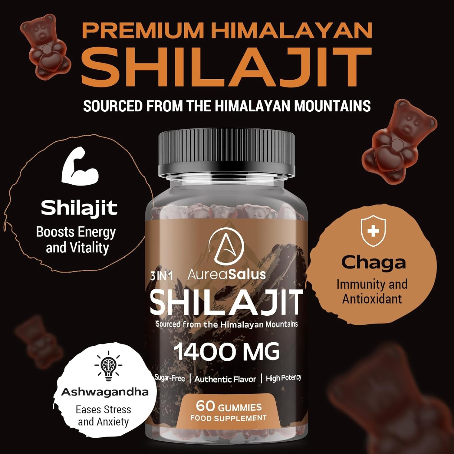 Shilajit Gummies 1400Mg – Pure Himalayan Complex with Ashwagandha, Chaga, Fulvic Acid & 85+ Trace Minerals – Vegan & Sugar-Free – 60 Gummies