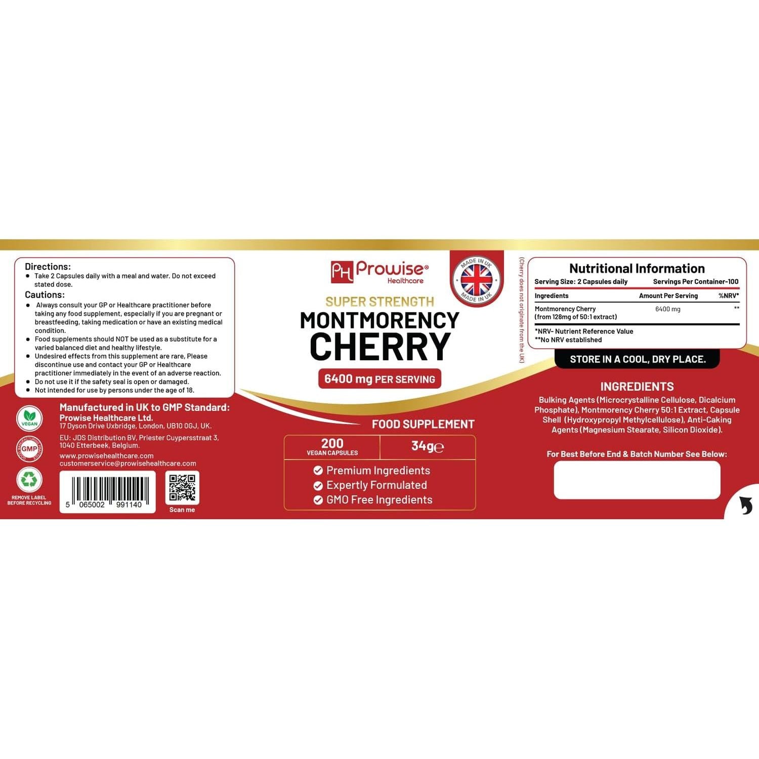 Montmorency Cherry 6400Mg - 200 Tart Cherry Capsules - Natural Tart Cherry Extract Supplement for Men & Women – Super Strength, Gluten Free, Vegan and GMO Free - Made in the UK by Prowise