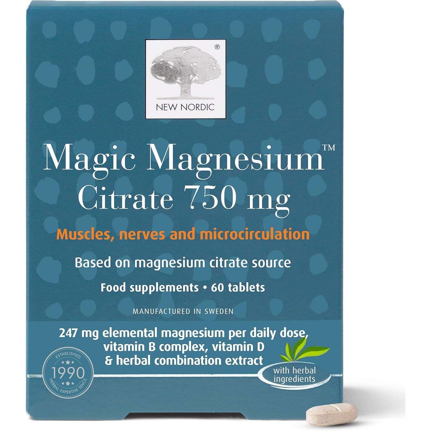 New Nordic Magnesium Citrate - 750 Mg Extra Strength - Muscle & Sleep Support for Women & Men - Vitamin B Complex & Vitamin D - 60 Tablets