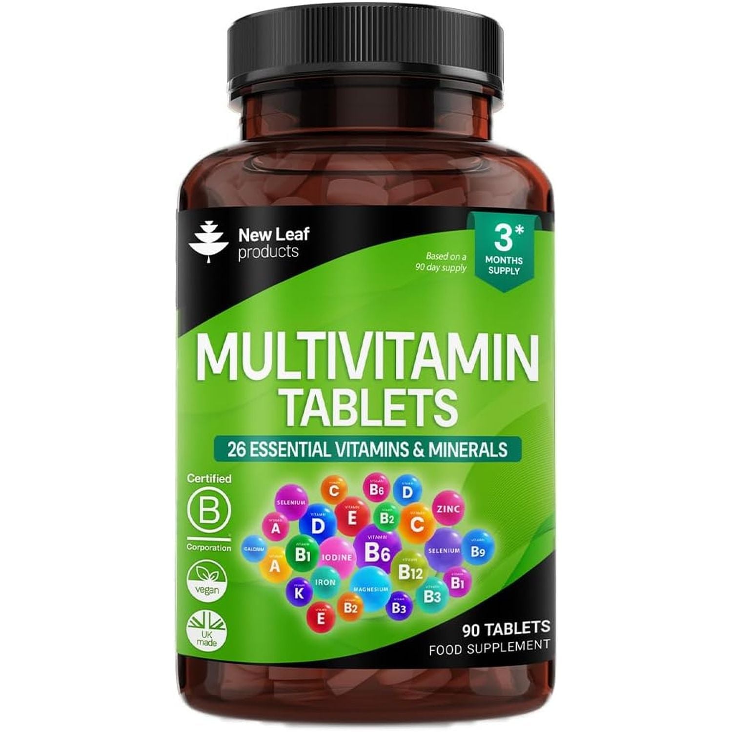 Multivitamin & Minerals 26 Essential Active Vegan High Strength Multivitamin Tablets for Women & Men with Iron A-Z Complete Daily Vegan Vitamins Gluten Free GMO Free (3 Month Supply) UK Made New Leaf