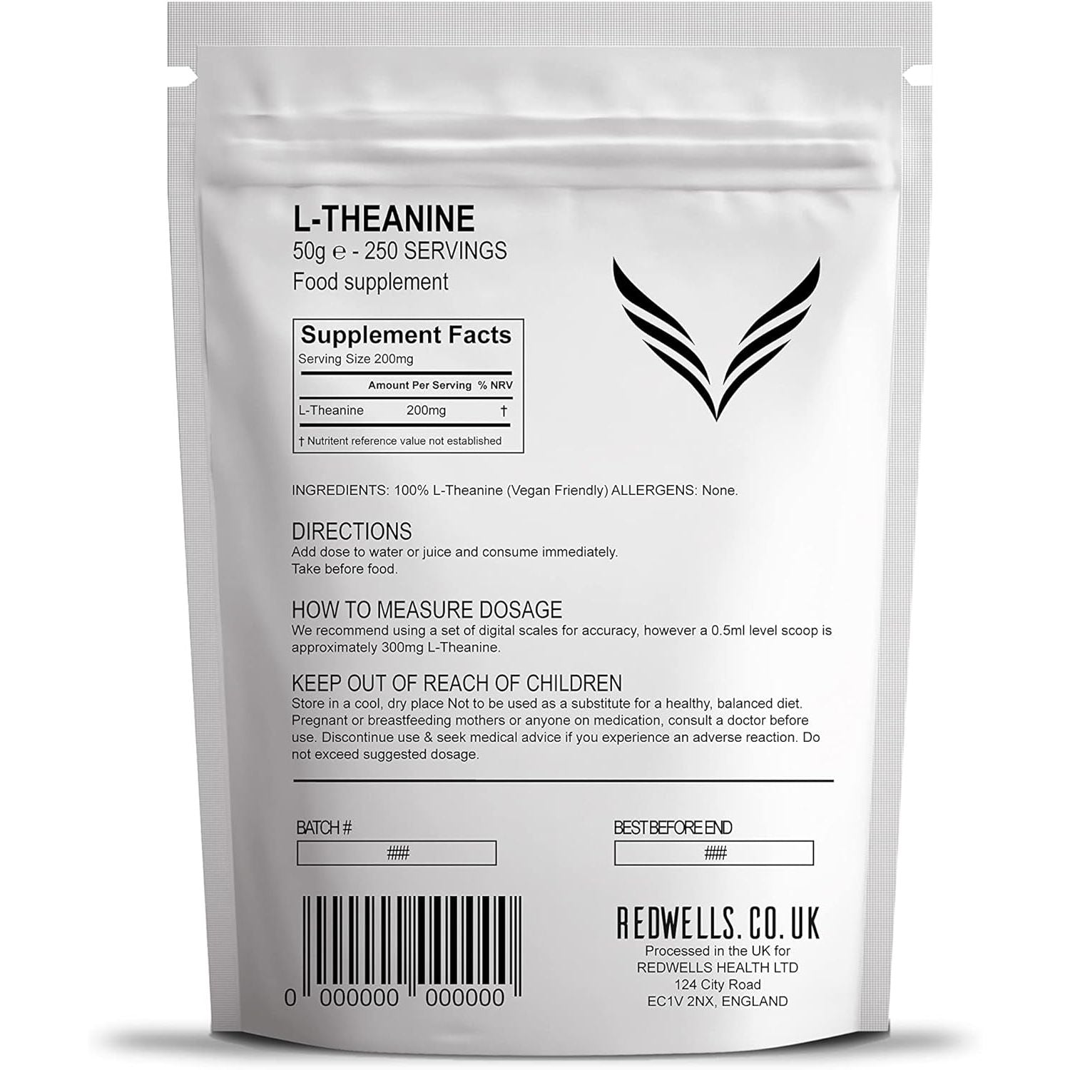 Theanine Powder REDWELLS Anxiety & Stress No Additives GMO Free - 50G Pack