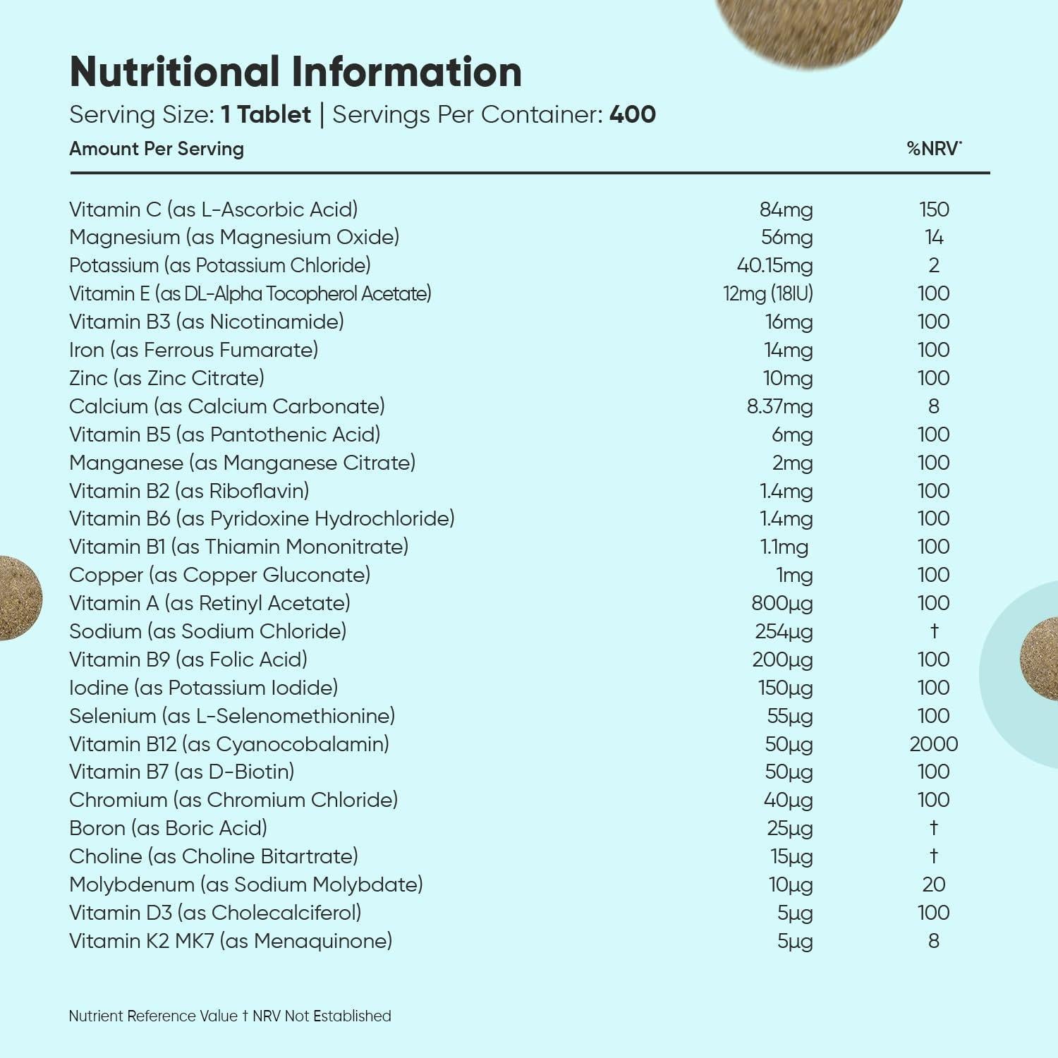 Multivitamin Tablets for Women & Men - 27 Essential Nutrients - 400 Small Tablets 