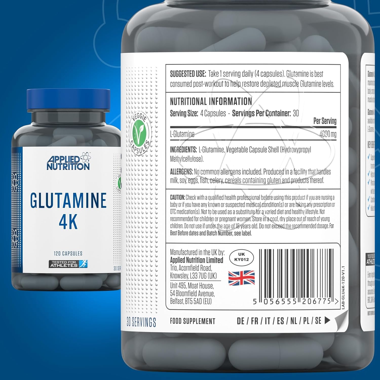Applied Nutrition Glutamine 4K - L Glutamine 4000 Mg per Serving, Restore Amino Acid Levels (120 Capsules - 30 Servings)