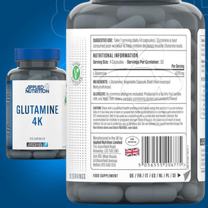 Applied Nutrition Glutamine 4K - L Glutamine 4000 Mg per Serving, Restore Amino Acid Levels (120 Capsules - 30 Servings)