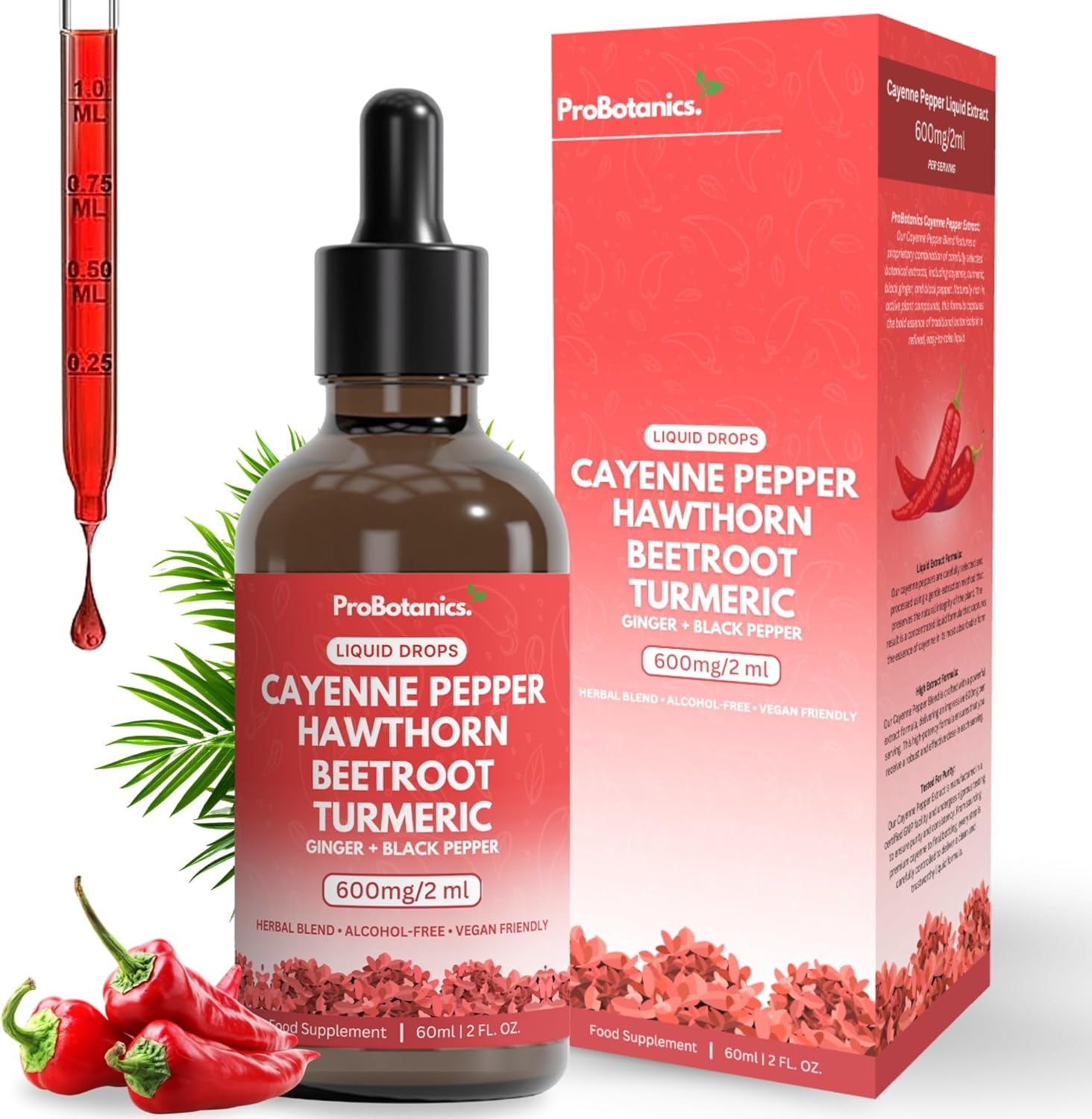 Probotanics Cayenne Pepper Drops Liquid Extract Supplement | Hawthorn Berry, Turmeric Curcumin, Beet Root, Ginger, Black Pepper for Circulation, Energy and Digestive Health | Alcohol-Free - 60Ml