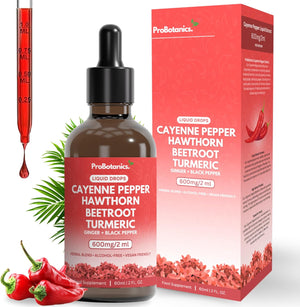 Probotanics Cayenne Pepper Drops Liquid Extract Supplement | Hawthorn Berry, Turmeric Curcumin, Beet Root, Ginger, Black Pepper for Circulation, Energy and Digestive Health | Alcohol-Free - 60Ml