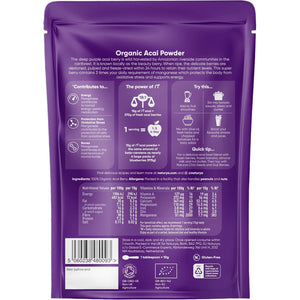 Naturya Organic Açaí Powder - Wild-Harvested from Amazonian Açaí Palms, Rich in Manganese & Vitamin A, High in Fibre, Antioxidant Superfood, Gluten-Free, Vegan - 125G Pouch