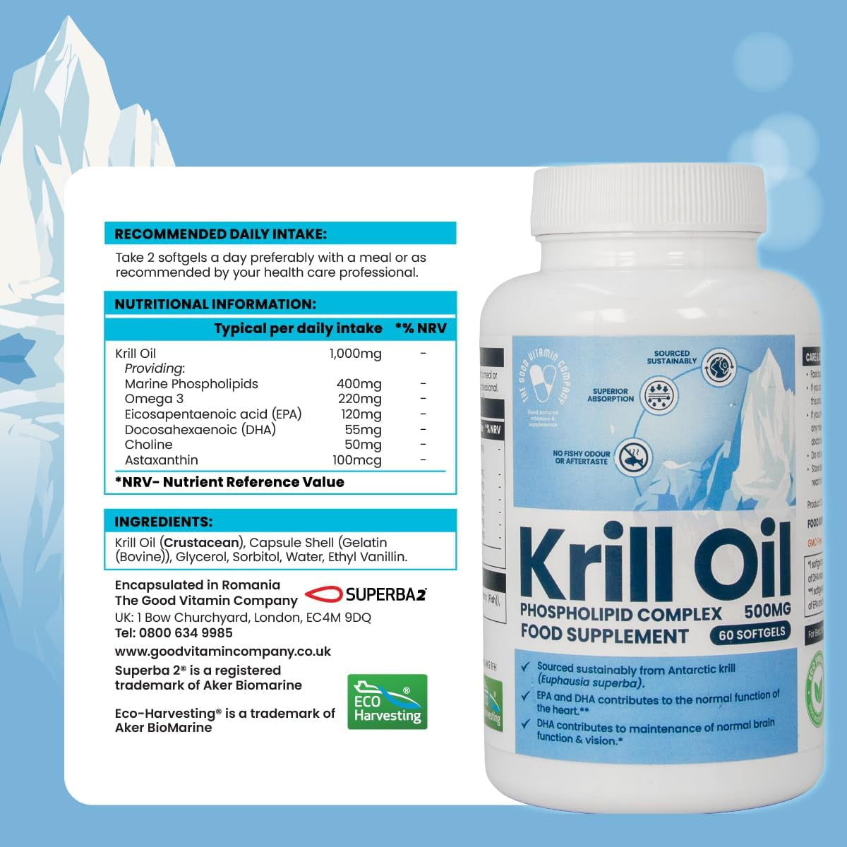 Premium Red Krill Oil: 60 Softgels, 1 Month Supply 1000Mg Supplement with Euphasia Superba Oil Rich in Choline, Phospholipids, Astaxanthin, EPA & DHA Omega-3 Fatty Acids. Supports Heart, Joint Health