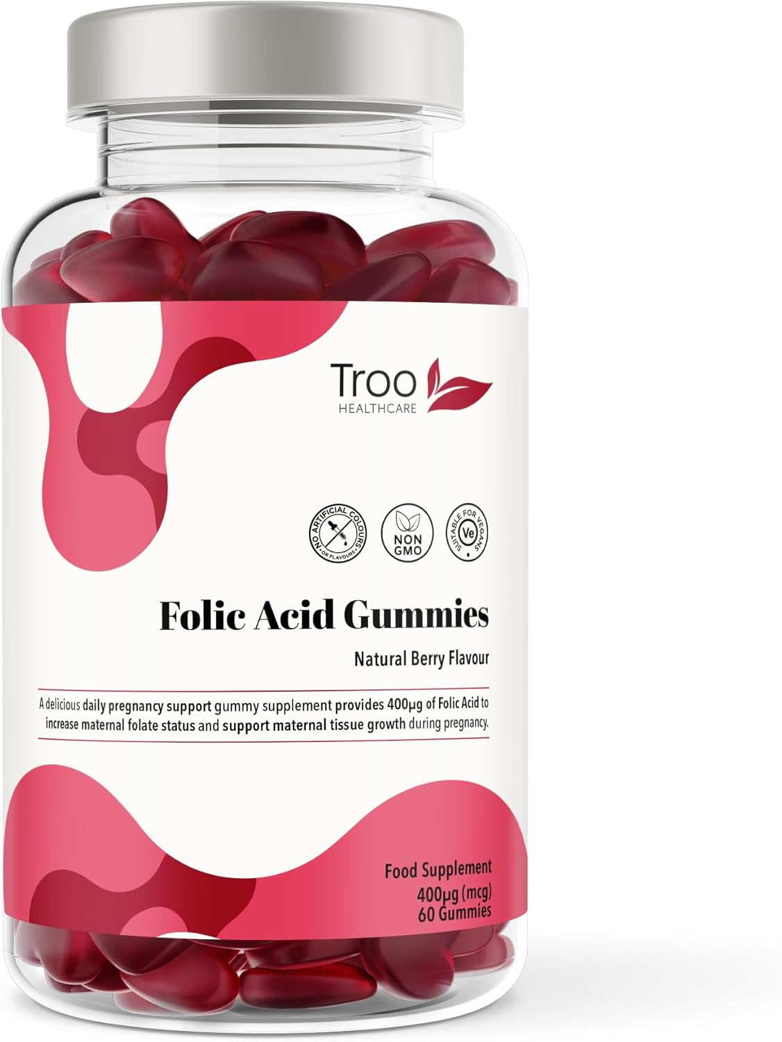 Troo Health Care Folic Acid 400Μg Gummy Prenatal Supplement - 60 Natural Berry Flavour Gummies to Support Health Pregnancy & Foetus Development - No Common Allergens or GMO