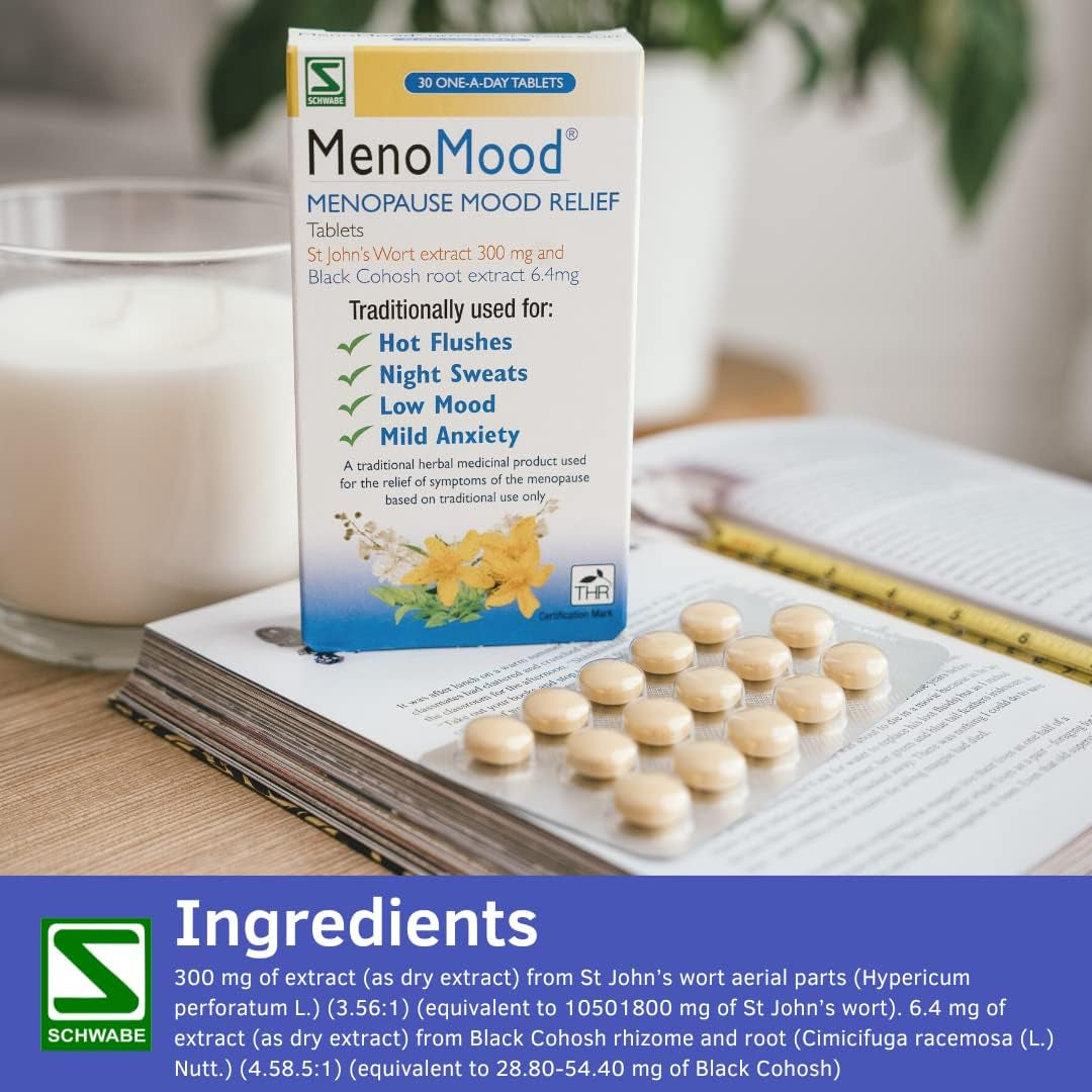 Schwabe Pharma - Menomood - Menopause Mood Relief - St. John'S Wort and Black Cohosh Extract - Traditionally Used for Hot Flushes, Night Sweats, Low Mood, Mild Anxiety - 30 Tablets