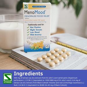Schwabe Pharma - Menomood - Menopause Mood Relief - St. John'S Wort and Black Cohosh Extract - Traditionally Used for Hot Flushes, Night Sweats, Low Mood, Mild Anxiety - 30 Tablets