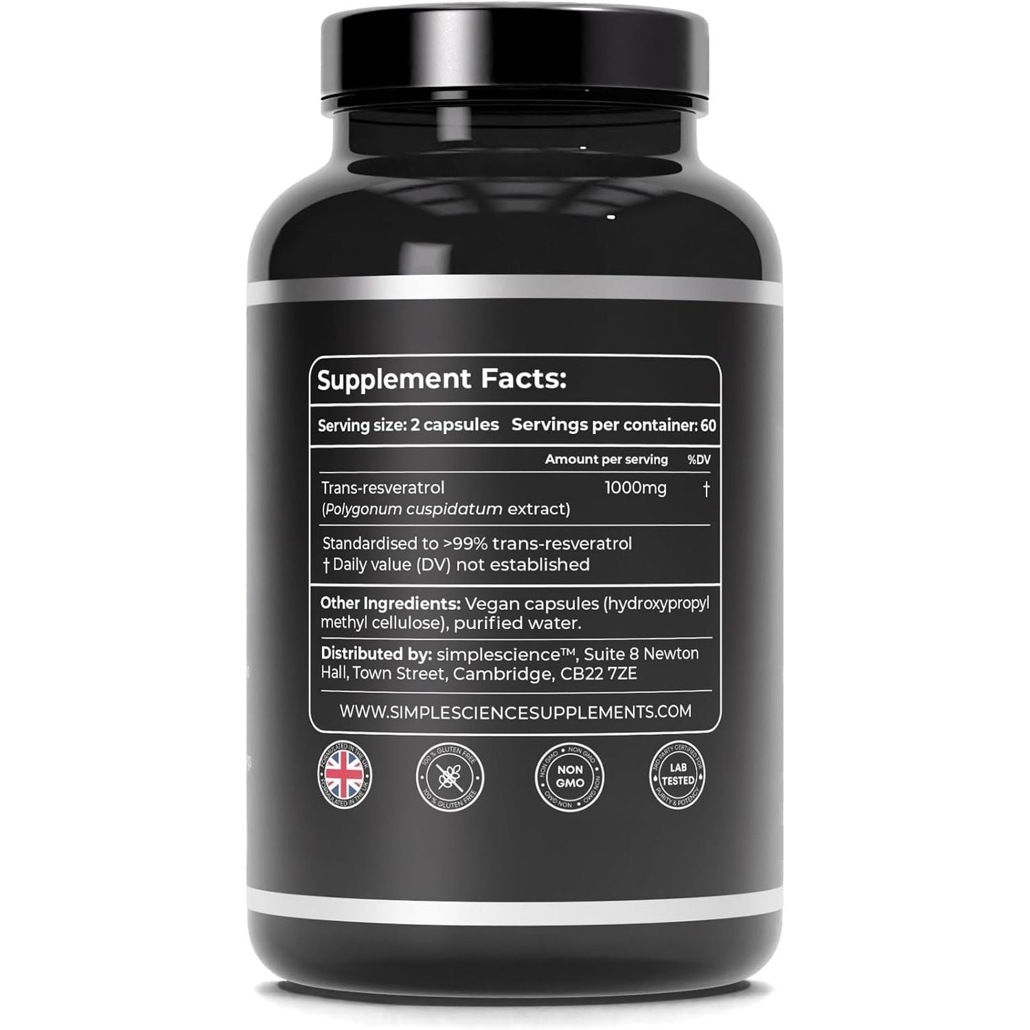 RESVERATROL 1000MG | 100% Pure Trans Resveratrol | High Strength Antioxidant Supplement | 60 X 500MG Capsules | Lab Tested | 100% Natural and Non-Gmo