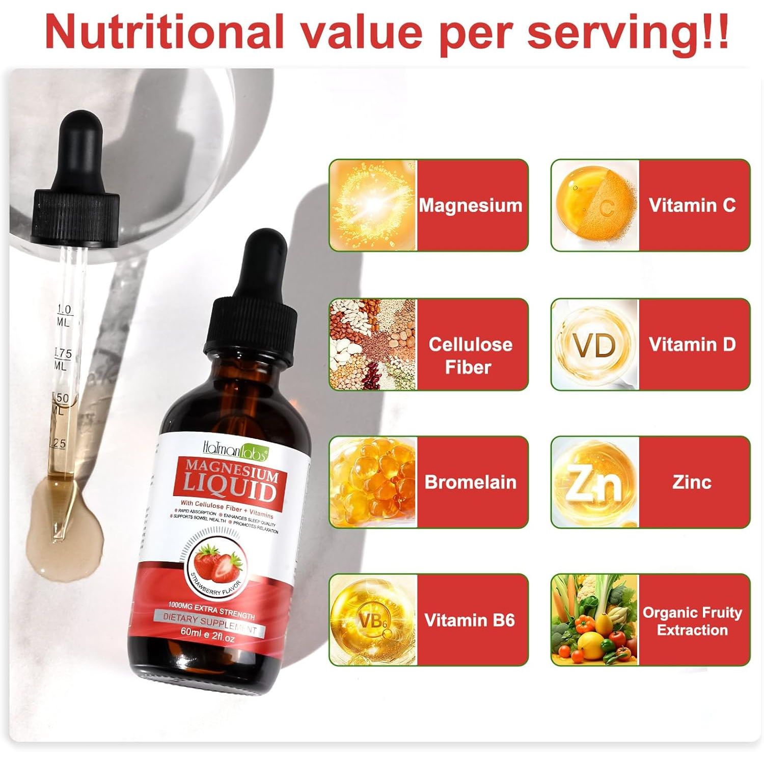 Magnesium Glycinate Liquid Drops,Liquid Complex with Magnesium Glycinate,Taurate,Cellulose Fiber,Bromelain,Vitamin B6,C,D and Zinc, Strawberry Flavor, 2 Fl Oz