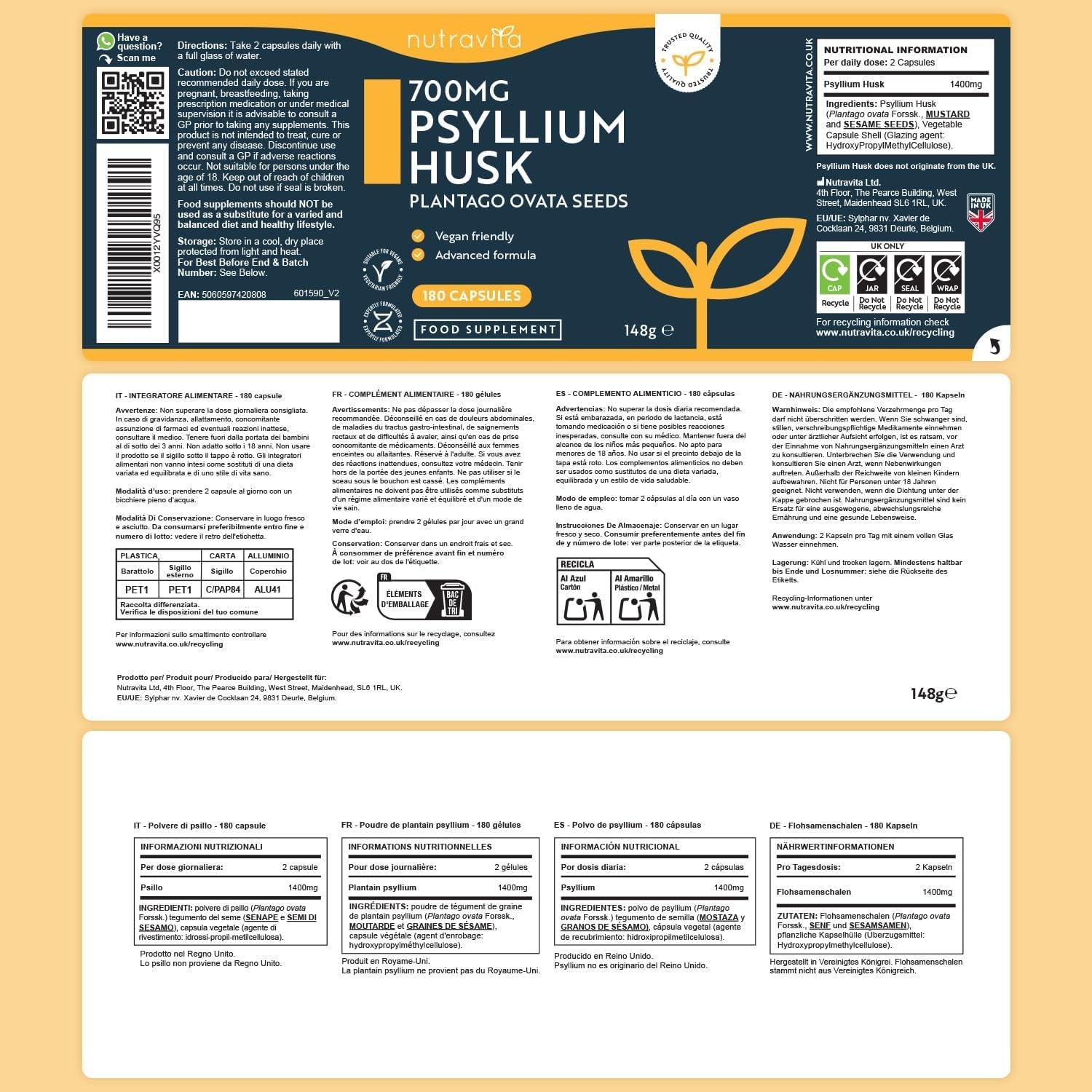 Psyllium Husks Fibre Supplement – 1400Mg per Serving – Naturally High in Soluble Fibre – 180 Vegan Capsules – Supports Daily Rhythm – 100% Pure Plantago Ovata Plant Seeds – Made in the UK by Nutravita