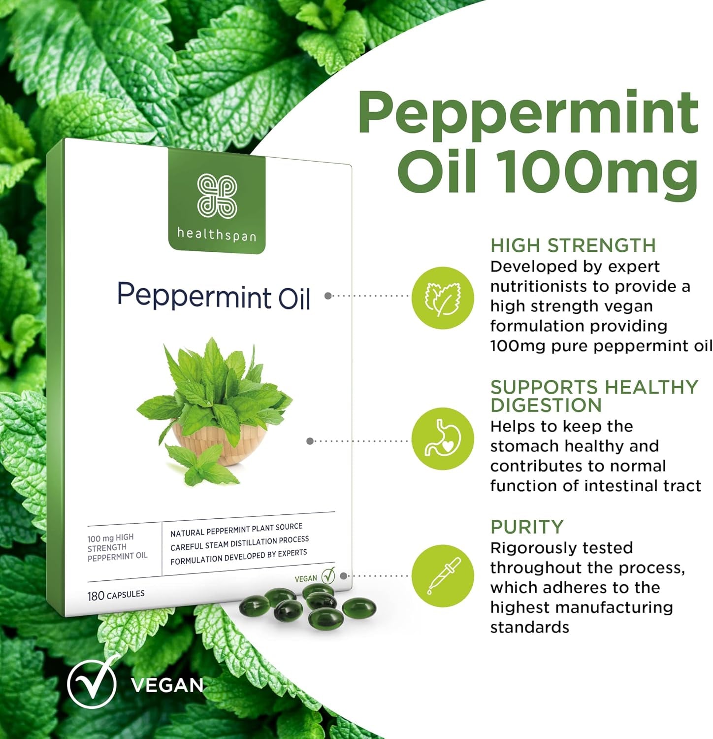 Healthspan High Strength Peppermint Oil 100Mg (180 Capsules) | Helps to Support a Healthy Digestion | One-A-Day & Easy to Swallow Capsule | Vegan