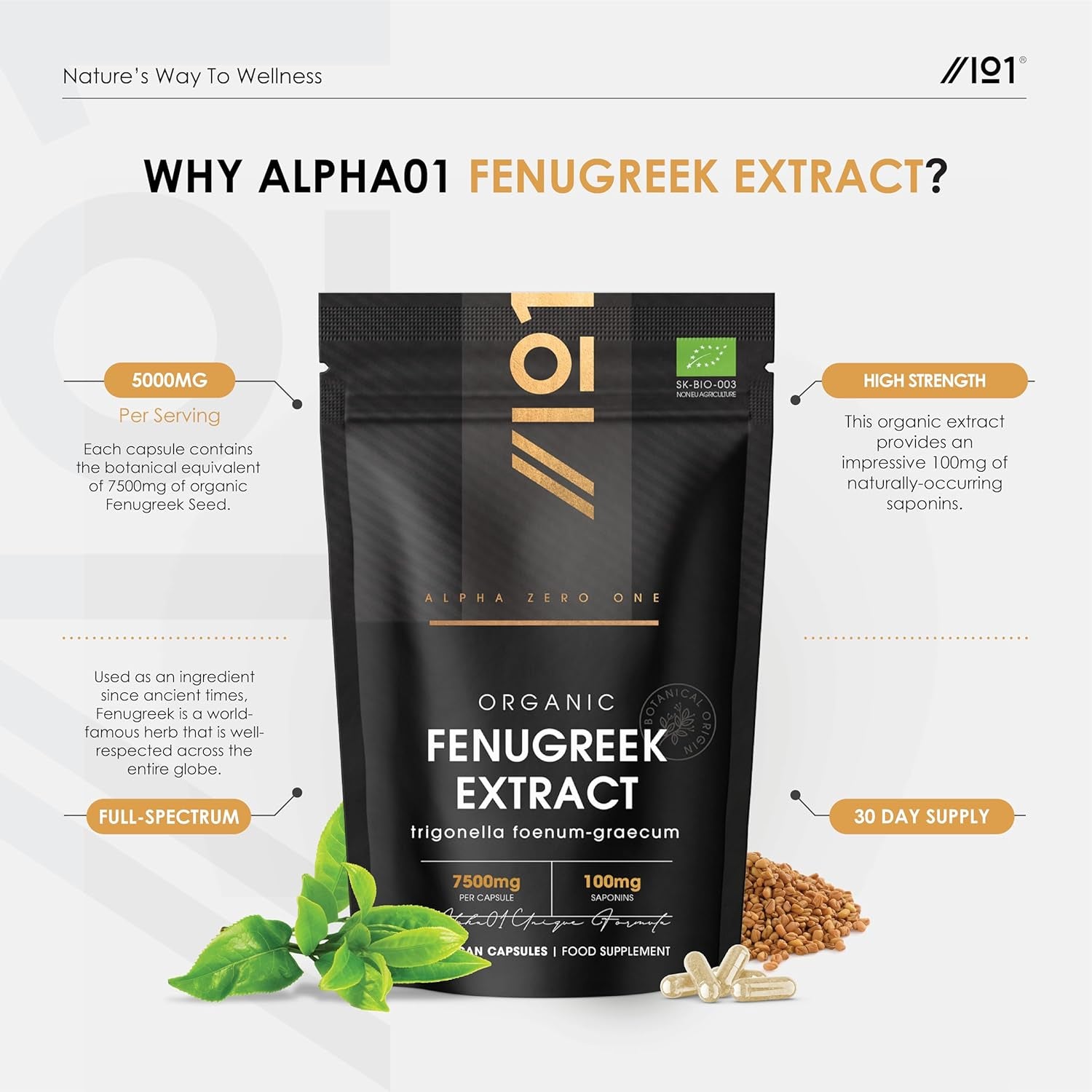 Organic Fenugreek Extract 7500Mg - High Strength 20% Saponins (100Mg) Supplement - 90 Vegan Capsules (3 Months Supply) - Resealable and Recyclable Pouch - by Alpha01