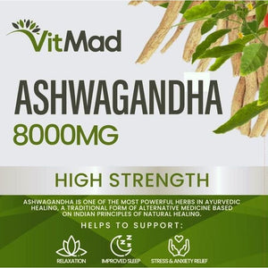 Ashwagandha 8000Mg, Pure High Strength Ashwagandha Root Extract Withanolides, Mood, Stress, Anxiety, 90 Vegan Capsules