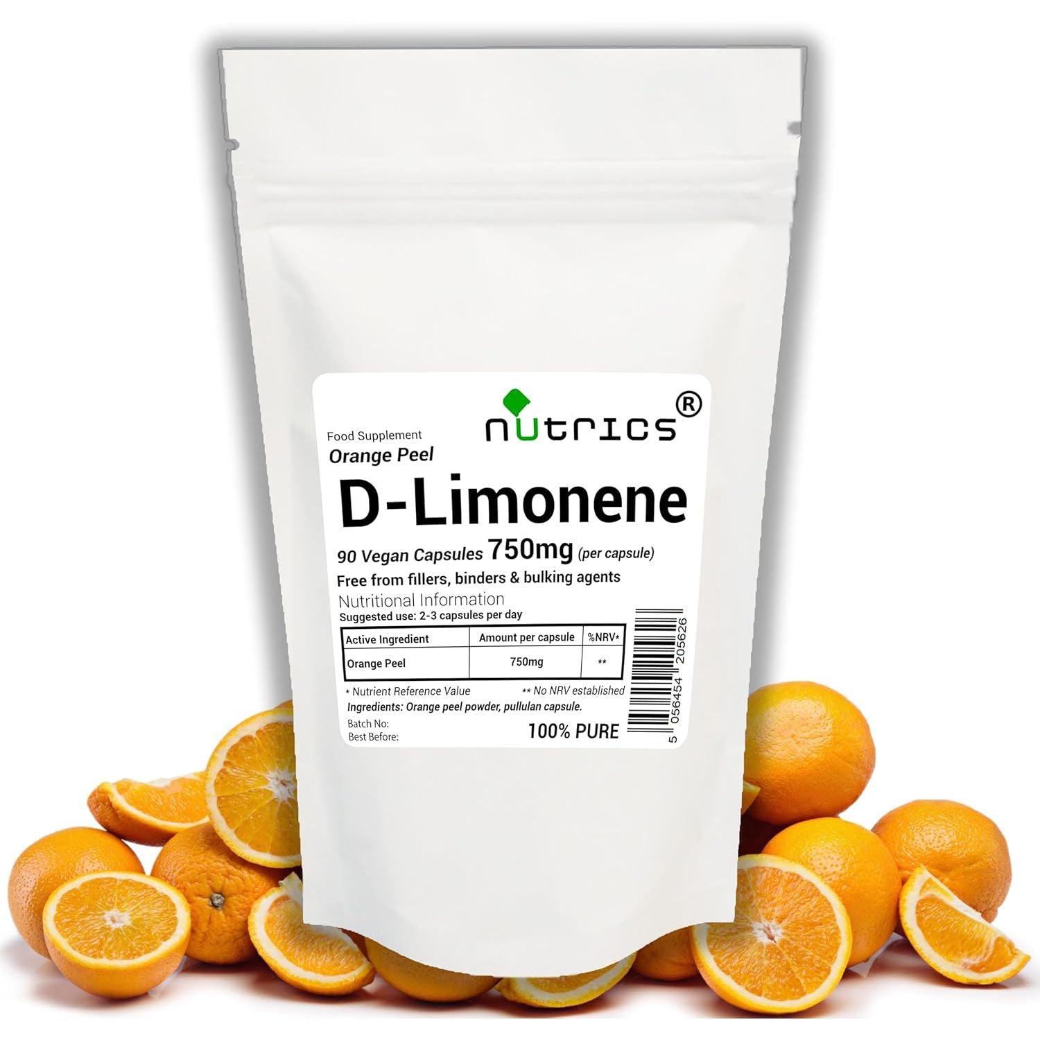 Nutrics® D Limonene 750Mg Natural Citrus Peel 90 V Capsules (1 Month Supply) - Free from Fillers, Binders & Bulking Agents - Suitable for Vegan Vegetarian