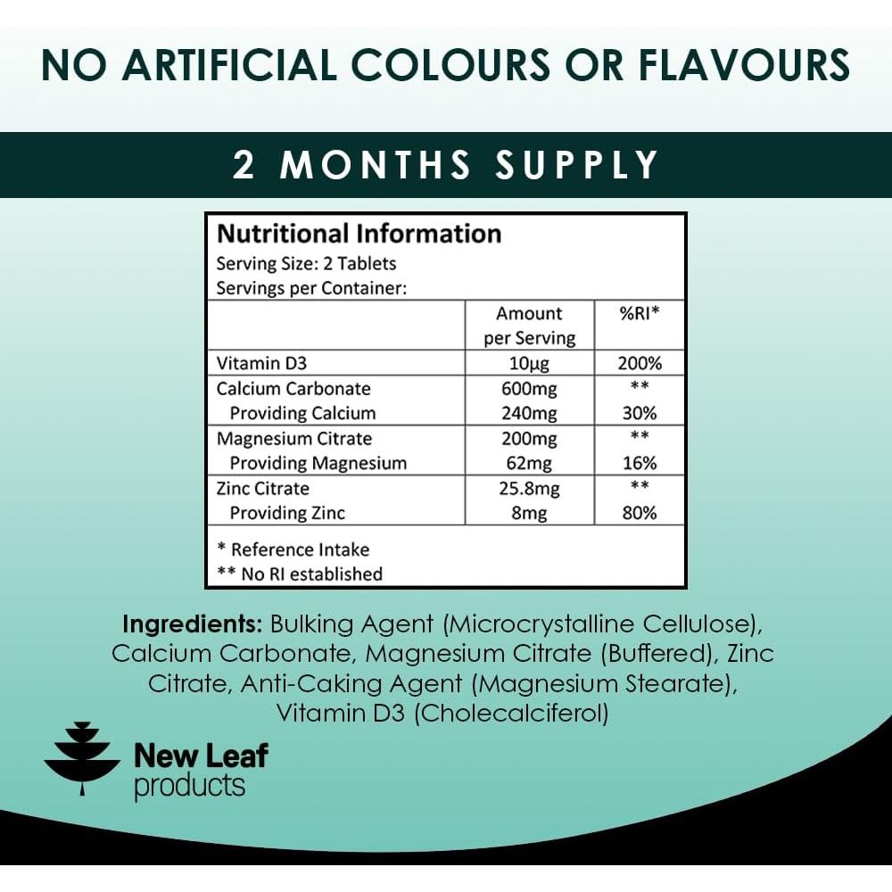 Calcium Magnesium Zinc and Vitamin D Supplement - 120 High Strength Tablets Supplement with Magnesium Vitamin D, Zinc Tablets Complex Made in the UK by New Leaf