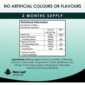 Calcium Magnesium Zinc and Vitamin D Supplement - 120 High Strength Tablets Supplement with Magnesium Vitamin D, Zinc Tablets Complex Made in the UK by New Leaf