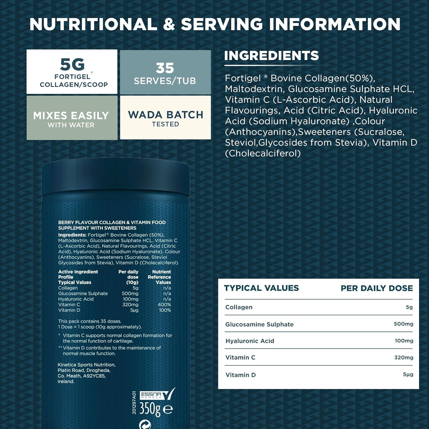 Kinetica Sports Collagen Powder - Berry Flavour | 350G | 5G FORTIGEL Bovine Collagen/Serve, 320Mg Vitamin C, 5Μg Vitamin D, 100Mg Hyaluronic Acid & 500Mg Glucosamine Sulphate | Joint & Muscle Support