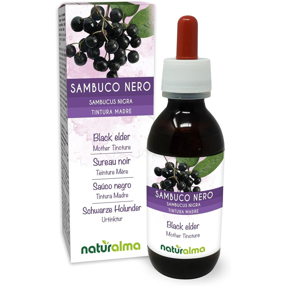 Black Elder (Sambucus Nigra) Flowers (Elderflower) and Fruits (Elderberry) Alcohol-Free Mother Tincture Naturalma - Liquid Extract Drops 120 Ml - Food Supplement - Vegan