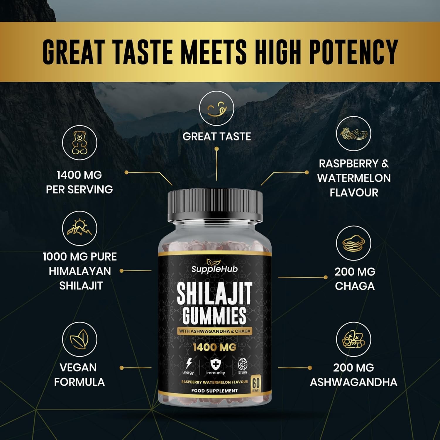 Shilajit Gummies 1400Mg, Pure Himalayan Shilajit Gummies with Ashwagandha and Chaga, Rich in Fulvic Acid, Natural Energy Boost, Sugar Free, Vegan, Raspberry & Watermelon Flavour - 60 Gummies/Bottle