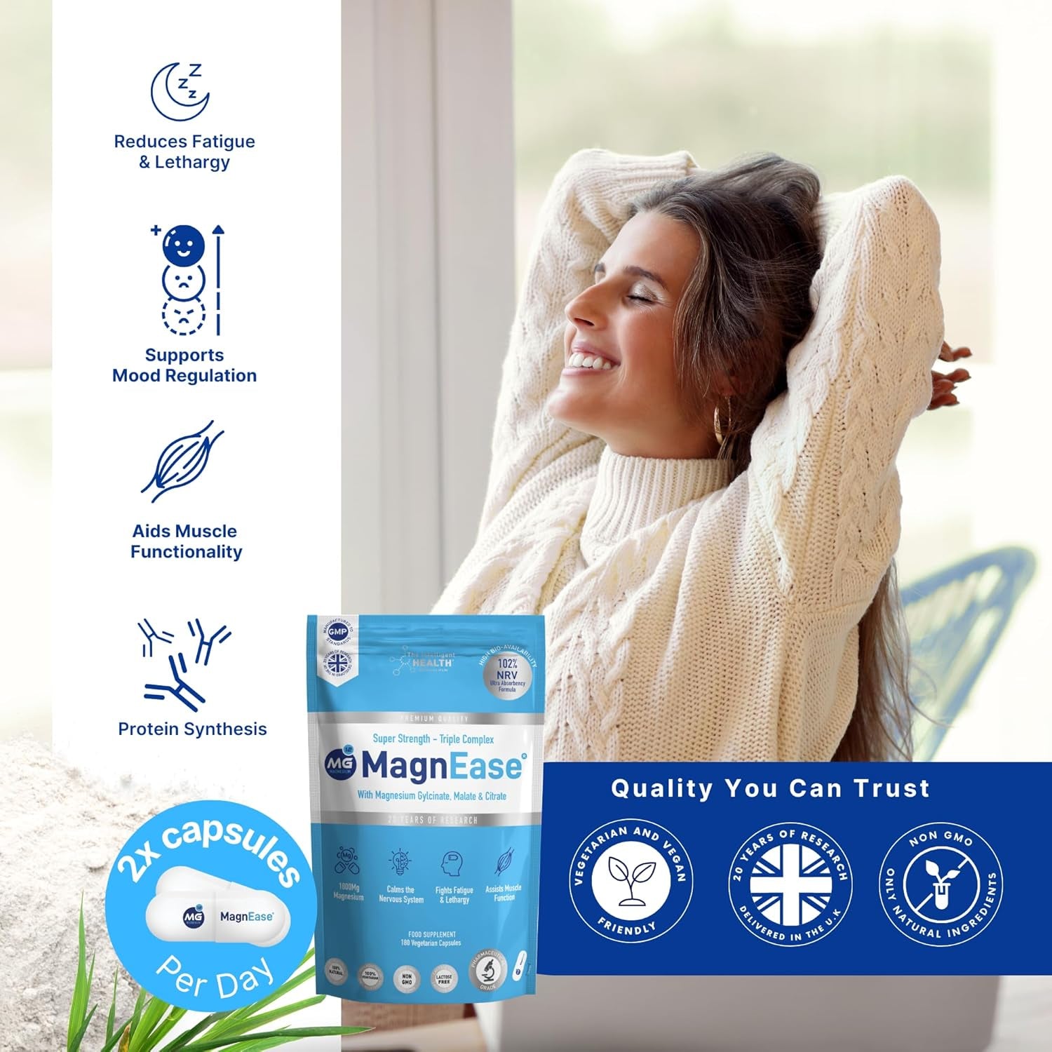 The Intelligent Health Magnease Magnesium, 1800 MG Super Strength - Triple Complex with Magnesium Gylcinate, Malate & Citrate (180)