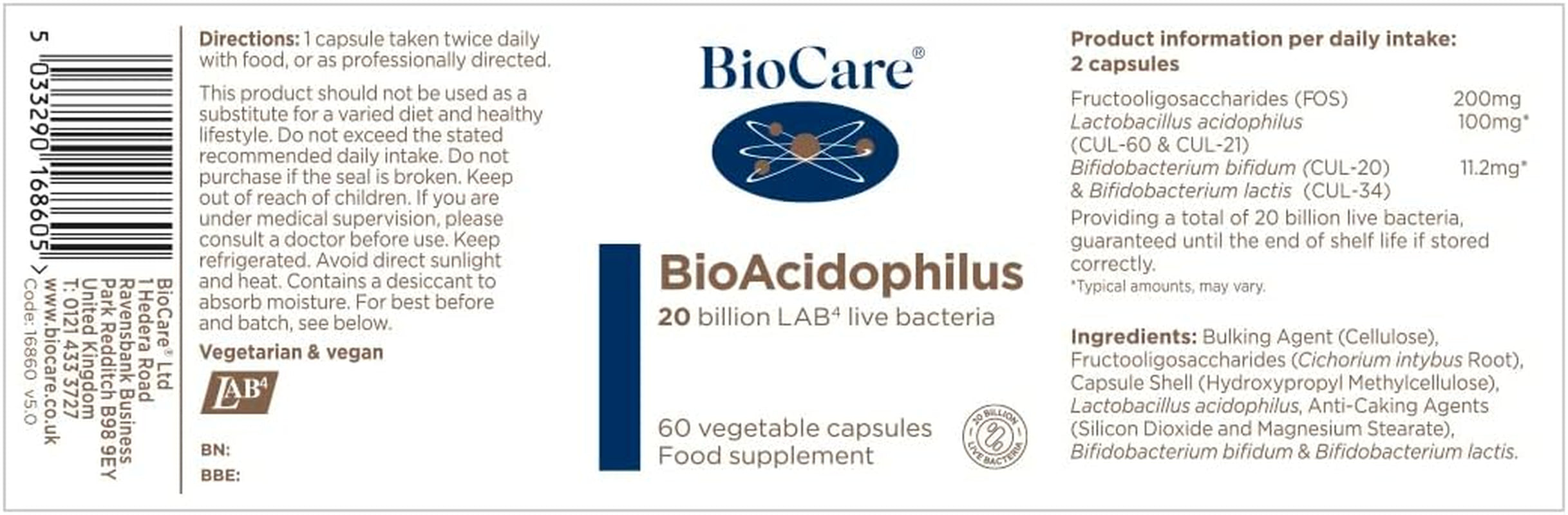Biocare Bioacidophilus | 20 Billion LAB4 Live Bacteria | Food Supplement Suitable for Vegetarians and Vegans - 60 Capsules