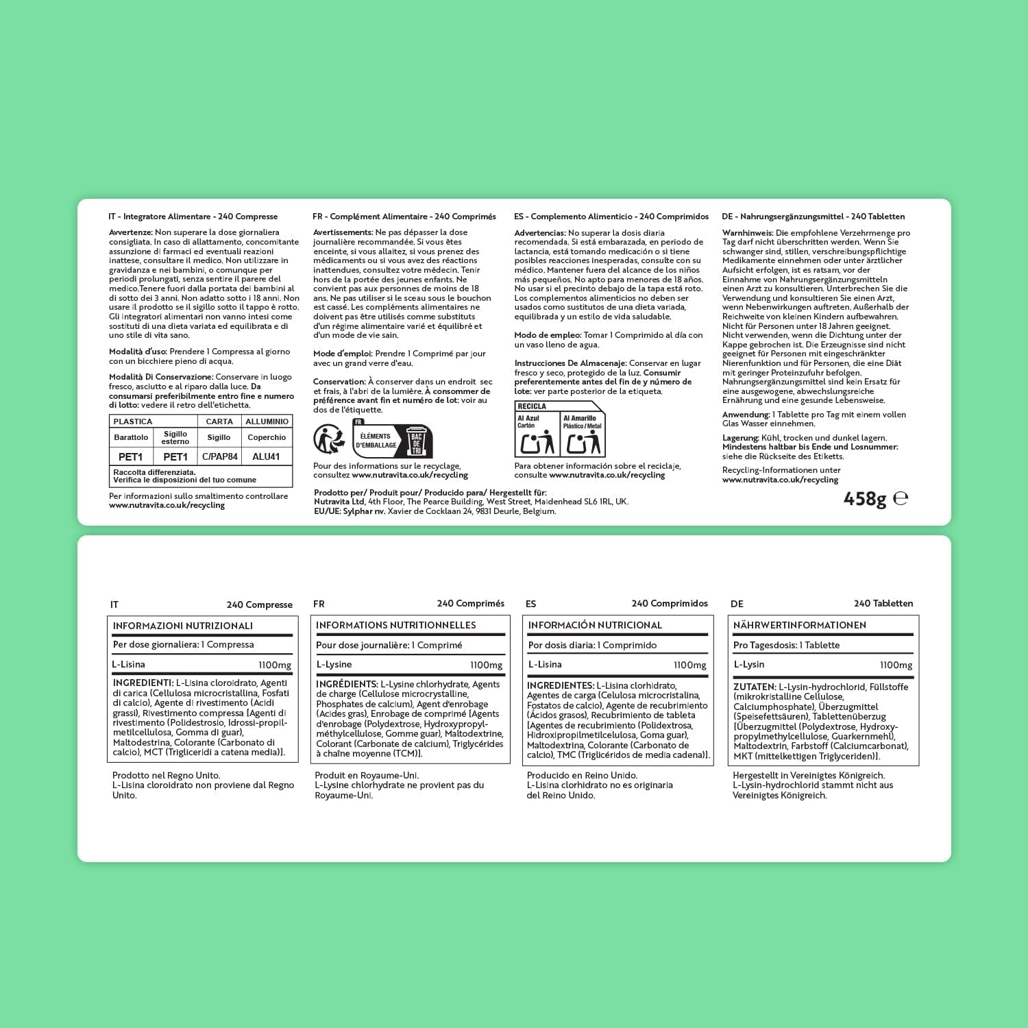 L-Lysine 1100Mg High Strength - 240 Vegan & Gluten Free Tablets (8 Month Supply) - Cold Sore Treatment, Essential Amino Acid Supplement - Normal Growth and Muscle Turnover - Made in the UK - Nutravita