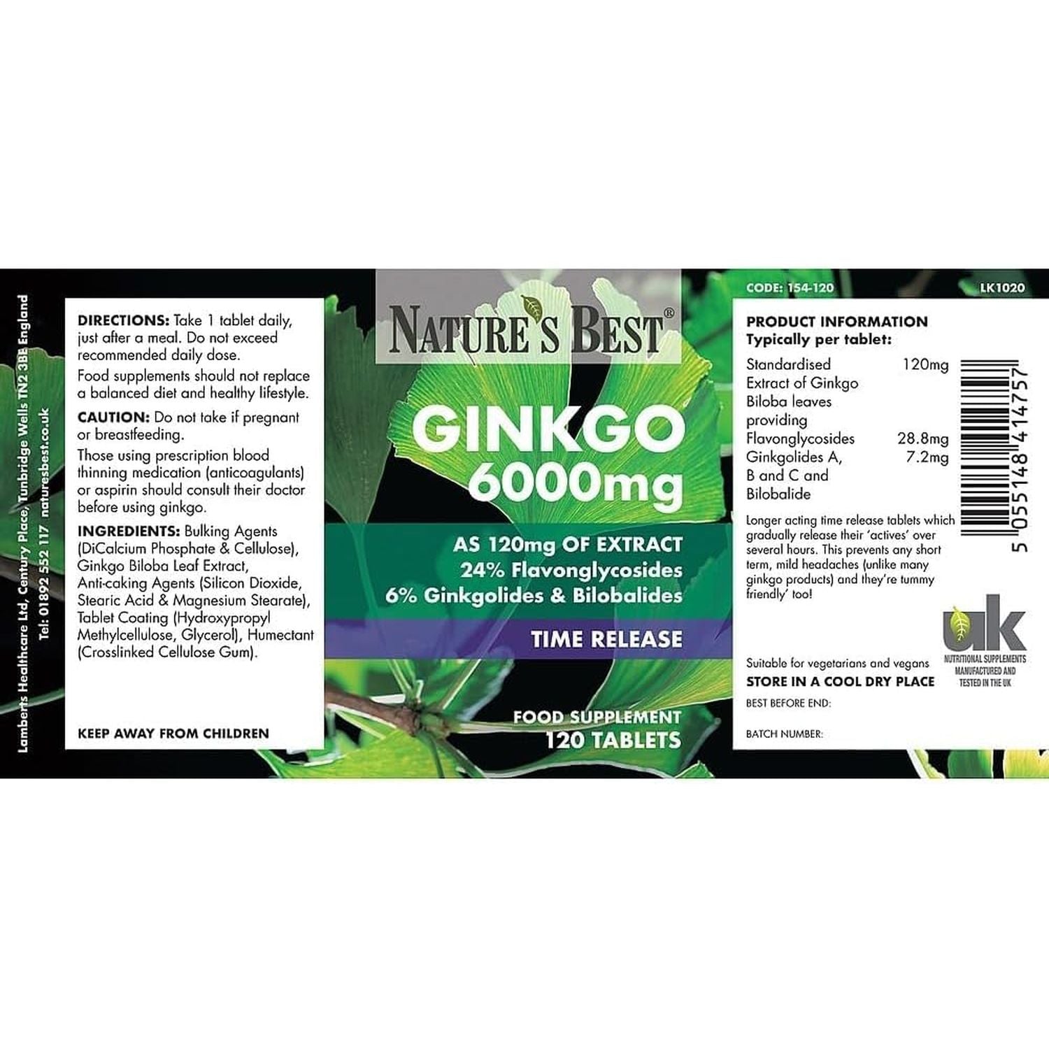 Nature'S Best Ginkgo Biloba 6000Mg - High Strength - Pure Grade Extract and Time Release Formula - UK Made - 120 Vegan Tablets (2 Months' Supply)