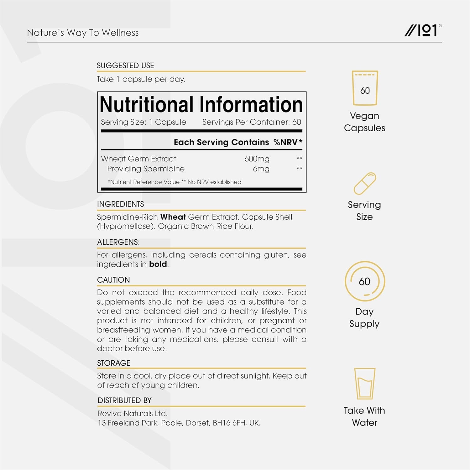 Spermidine Wheat Germ Extract – 600Mg per Capsule - 6Mg Spermidine High Strength Supplement – 60 Vegan Capsules (2 Months Supply) by Alpha01