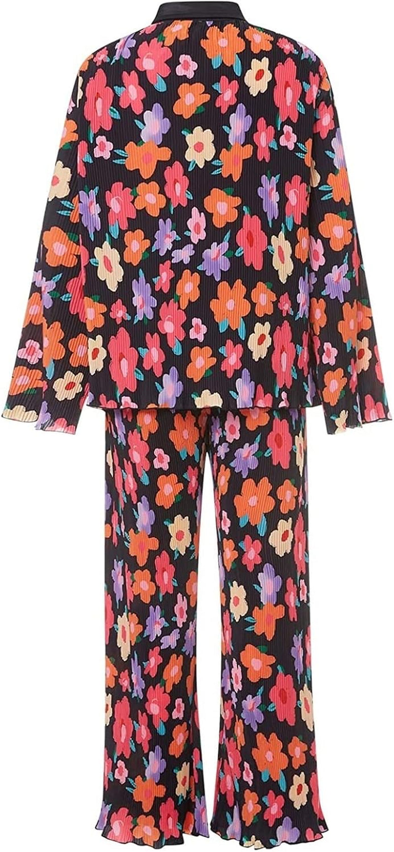 HYMCX Women 2 Piece Pleated Pants Set Floral Print Button down Long Sleeve Shirt Blouses Tops Wide Leg Pants Streetwear