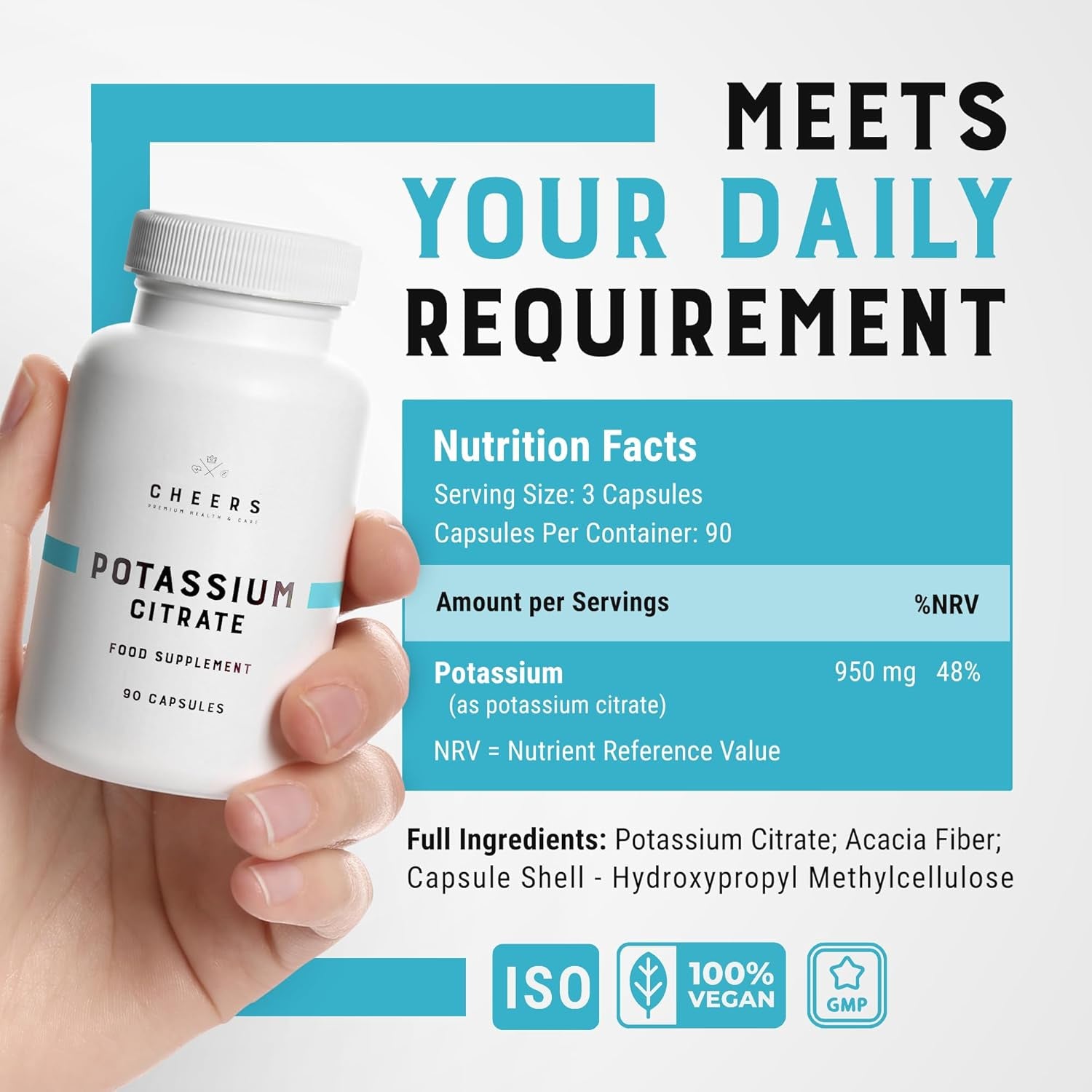 Cheers Potassium Citrate, 48% Daily Value, 316 Mg per Capsule, 90 Capsules, Supports Cardiovascular and Blood Pressure Health, Vegan Potassium Supplement for Adults, Natural Mineral Electrolyte