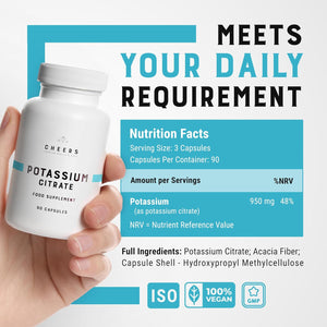 Cheers Potassium Citrate, 48% Daily Value, 316 Mg per Capsule, 90 Capsules, Supports Cardiovascular and Blood Pressure Health, Vegan Potassium Supplement for Adults, Natural Mineral Electrolyte