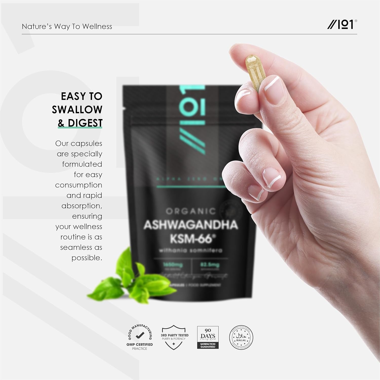 Organic Ashwagandha KSM-66® with Bioperine 1650Mg – 90 Vegan Capsules – 5% Withanolides – Most Bioavailable Full-Spectrum Root Extract – Resealable and Recyclable Pouch by Alpha01