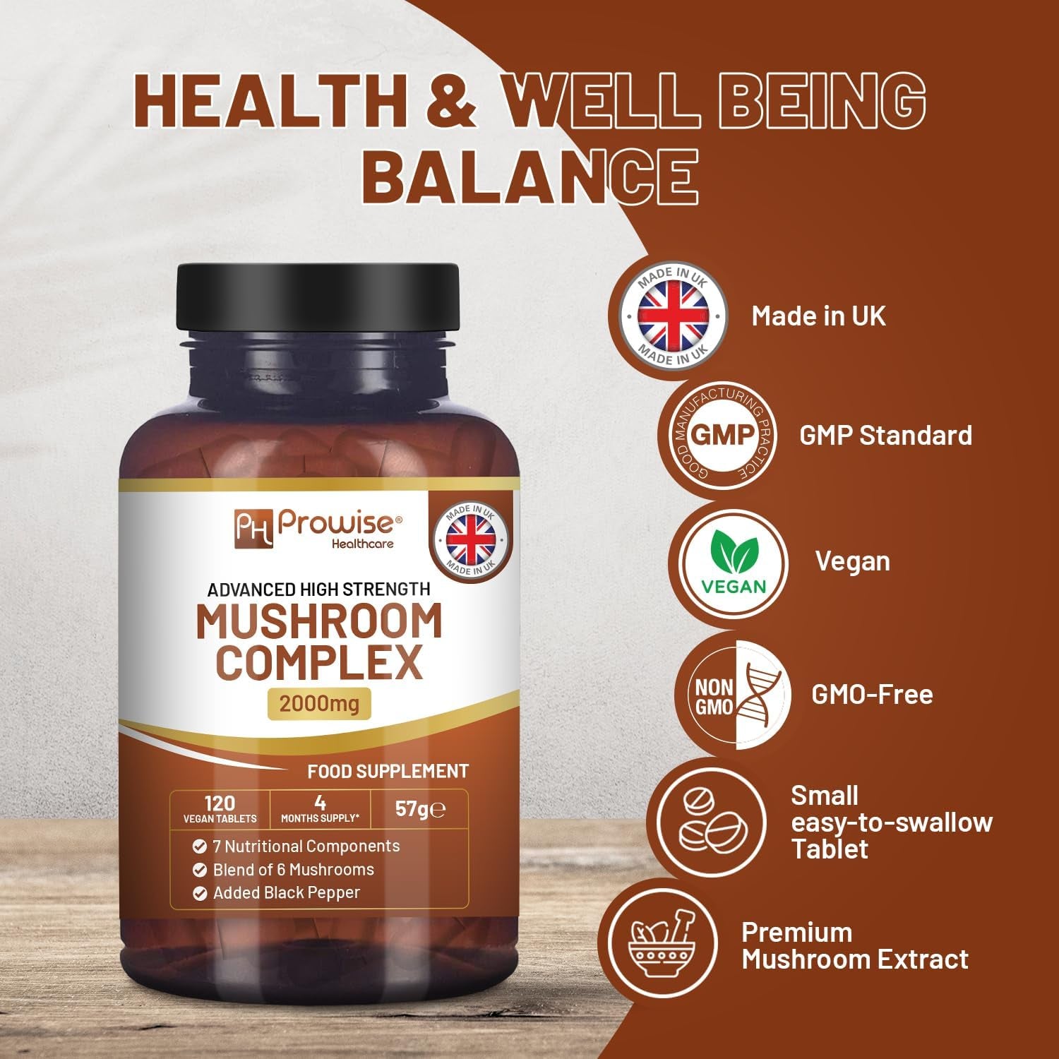 Advanced Mushroom Complex 2000Mg | a Super Blend of 6 Mushrooms with Lion'S Mane, Chaga, Cordyceps, Shiitake, Reishi and Maitake with Black Pepper | 120 Vegan High Strength Tablets UK Made by Prowise