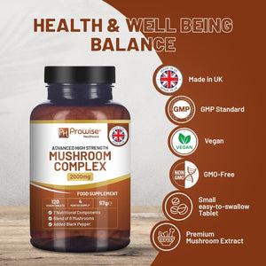 Advanced Mushroom Complex 2000Mg | a Super Blend of 6 Mushrooms with Lion'S Mane, Chaga, Cordyceps, Shiitake, Reishi and Maitake with Black Pepper | 120 Vegan High Strength Tablets UK Made by Prowise