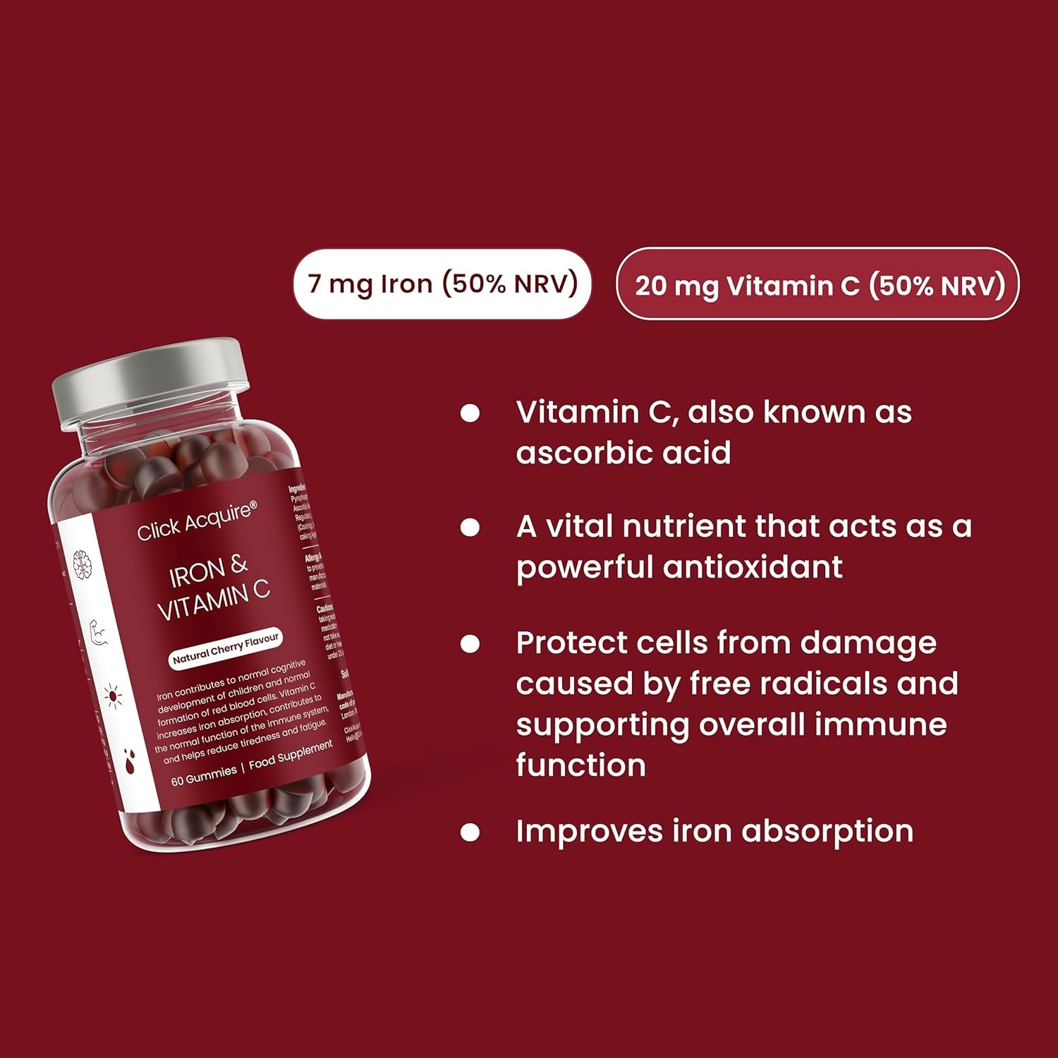 Iron and Vitamin C Gummies for Kids & Adults | 7Mg Gentle Iron, 20Mg Vitamin C Chewable | Vegan Natural Cherry Flavour | 2 Month Supply