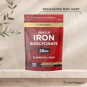 Iron 28Mg | 400 Tablets, 6+ Months Supply | High Strength Ferrous Bisglycinate Form | Supplement for Men & Women | by Horbaach